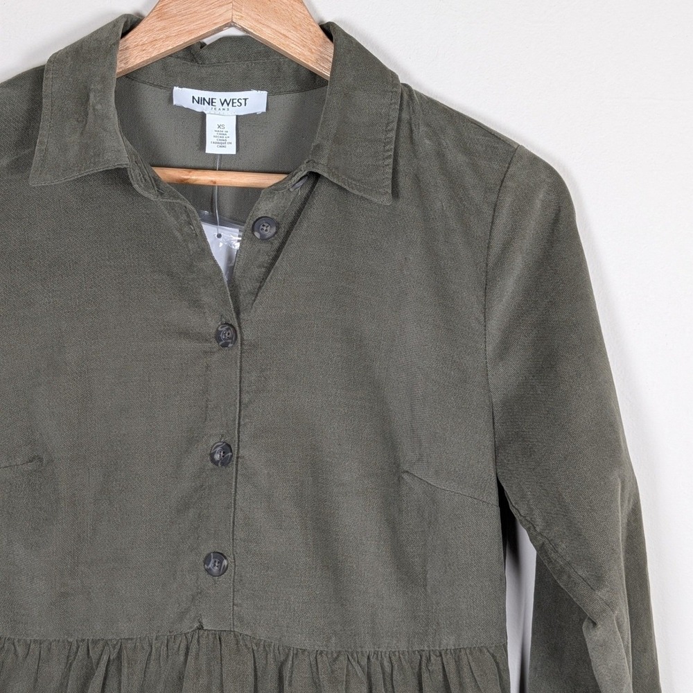 Nine West Jeans Olive Green Shirt Dress Long Sleeve Mini NWT XS